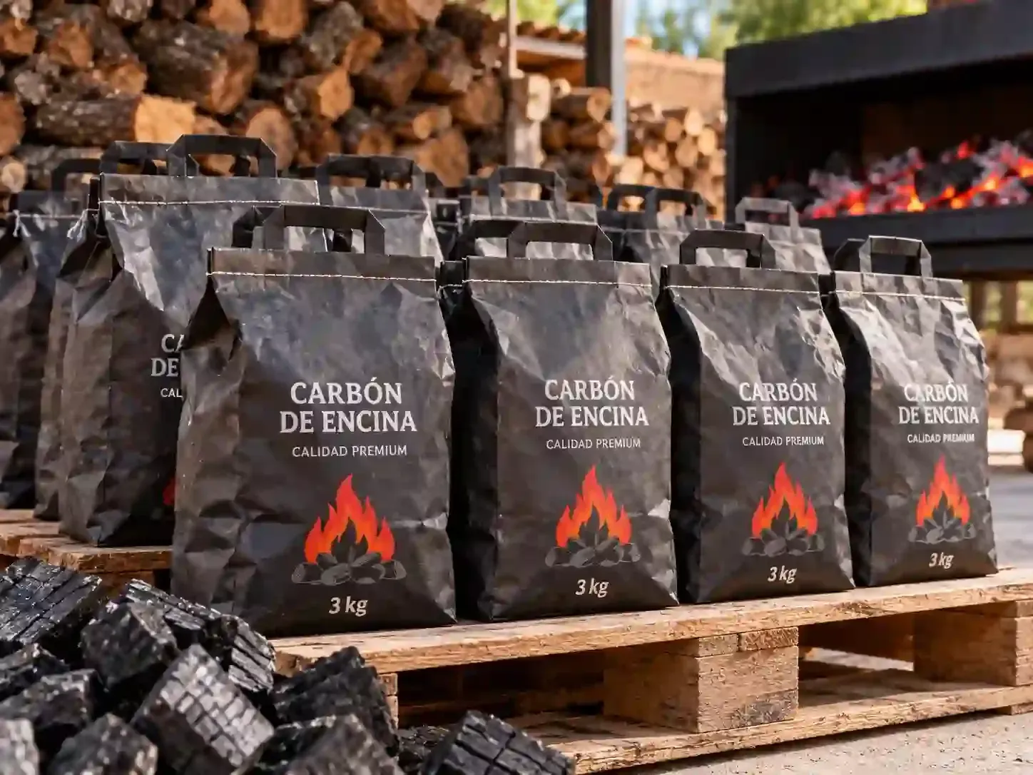 Sacos de carbón apilados sobre un palé de madera, con un fuego resplandeciente y leña al fondo.