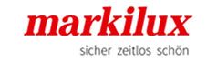 Ein rot-weißes Logo von markilux auf weißem Hintergrund