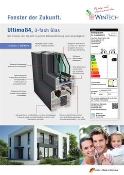 Eine Broschüre für ein Fenster mit dem Bild eines Hauses und eines Mannes und einer Frau, die ein Kind halten.