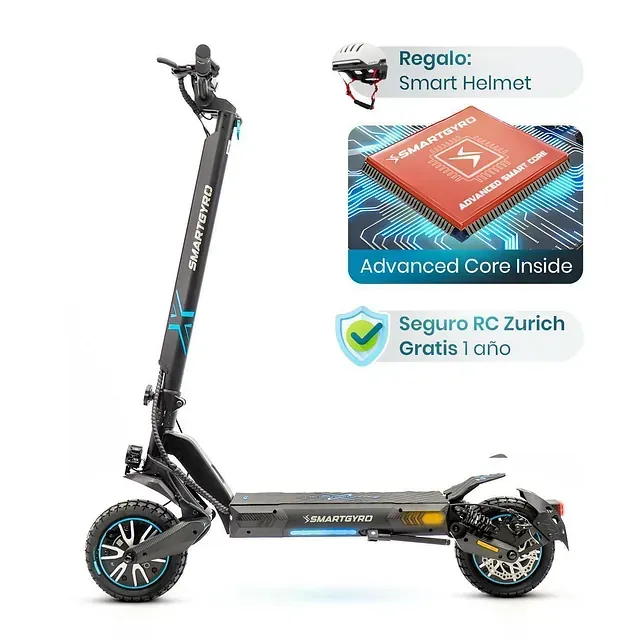 Un patinete eléctrico negro con un casco inteligente y un núcleo avanzado en su interior.