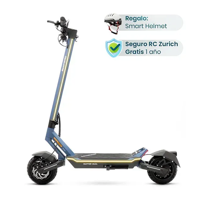 Un scooter azul con un casco inteligente acoplado.