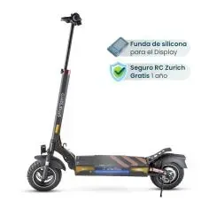 Un patinete eléctrico negro con una cubierta de silicona para la pantalla.