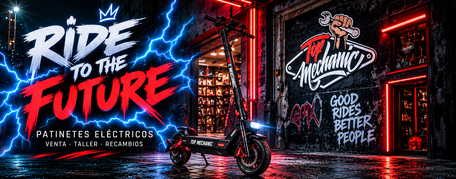 RIDE TO THE FUTURE. Patinetes eléctricos: venta, taller y recambios. Composición urbana de Top Mechanic con rayos azules.