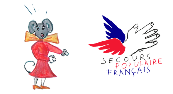 Dessin d'une souris avec une robe rouge et un nœud jaune orangé représentant l'héroïne du livre de Mireille BOUDHAR et symbole du Secours populaire