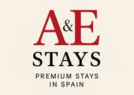 Logotipo de A&E Stays en rojo y negro con el texto “Premium Stays in Spain” sobre un fondo color crema.