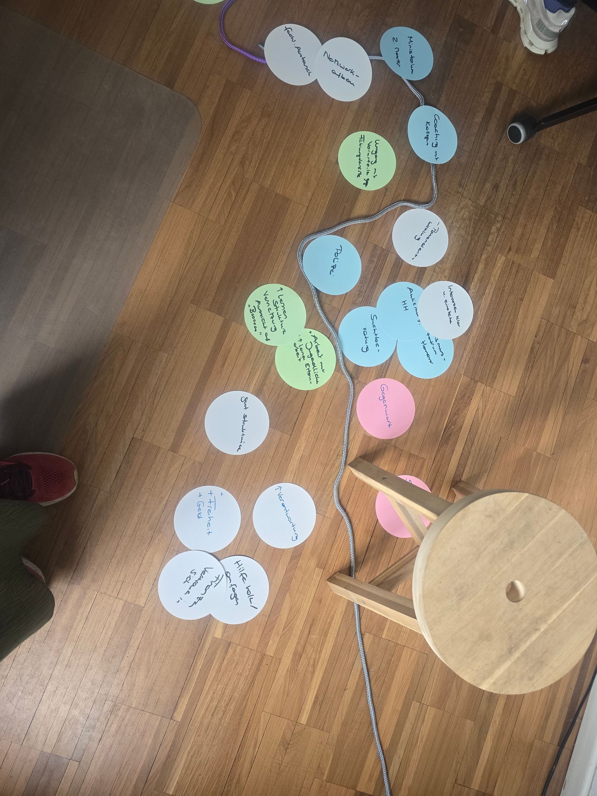 Bunte Papierkreise, einige beschriftet, aufgefädelt auf einer silbernen Schnur, lagen verstreut auf einem Holzboden neben einer Holzspule.