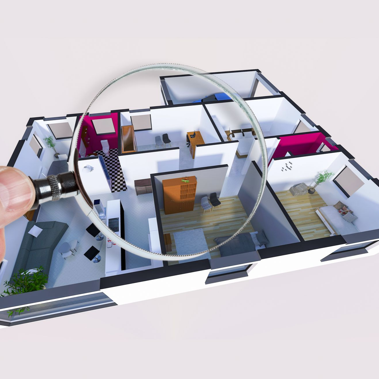 Modèle 3D de l'intérieur d'une maison vu à la loupe, montrant les pièces et le mobilier.