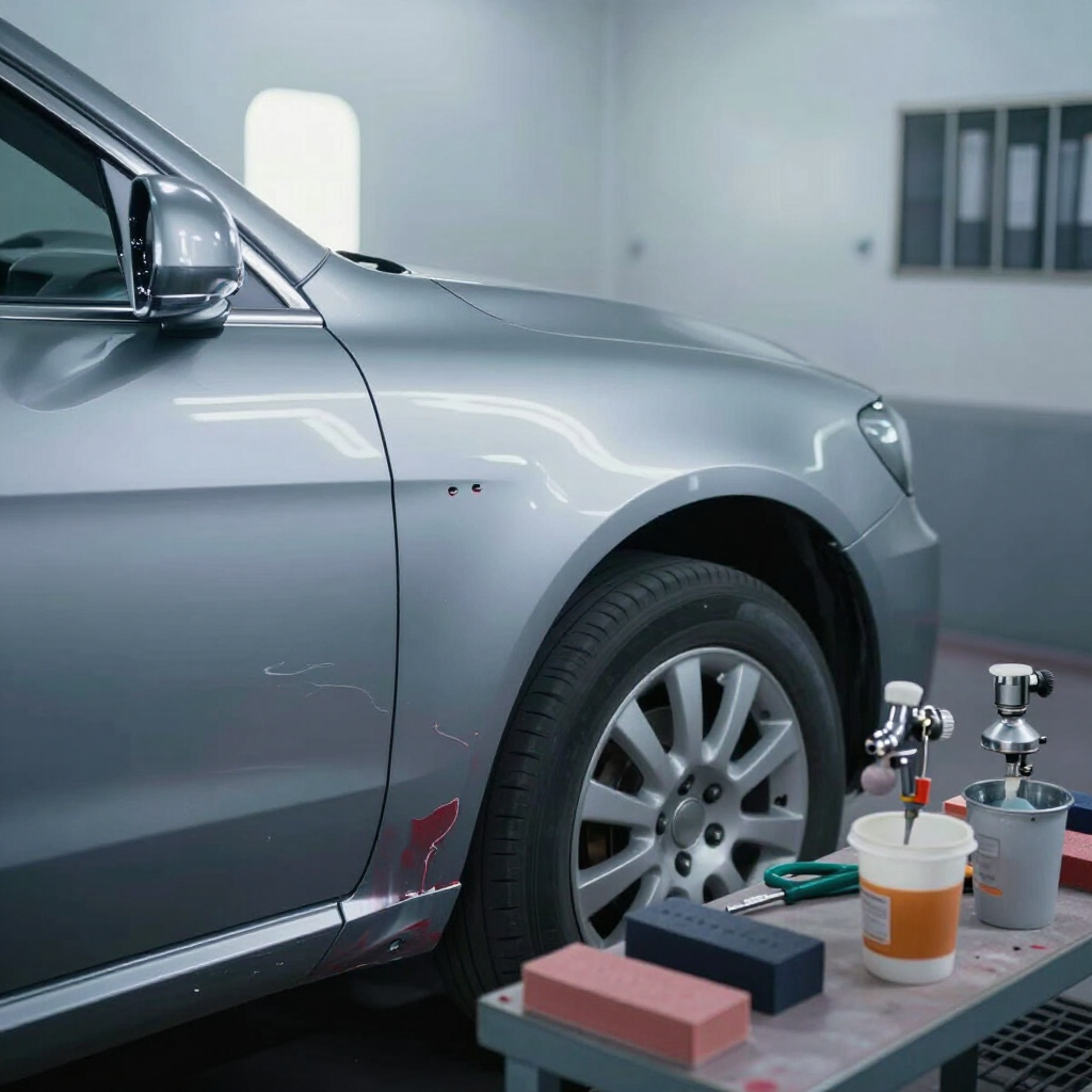 Coche gris en cabina de pintura con suministros de pulido y botellas de spray sobre un banco de trabajo.