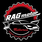 Logotipo de RAG Motor con engranaje rojo, silueta de coche negra y texto &ldquo;Talleres&rdquo; sobre fondo negro.