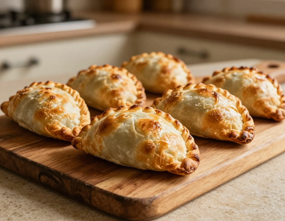 Golden baked empanadas on a wooden cutting board in a kitchen setting