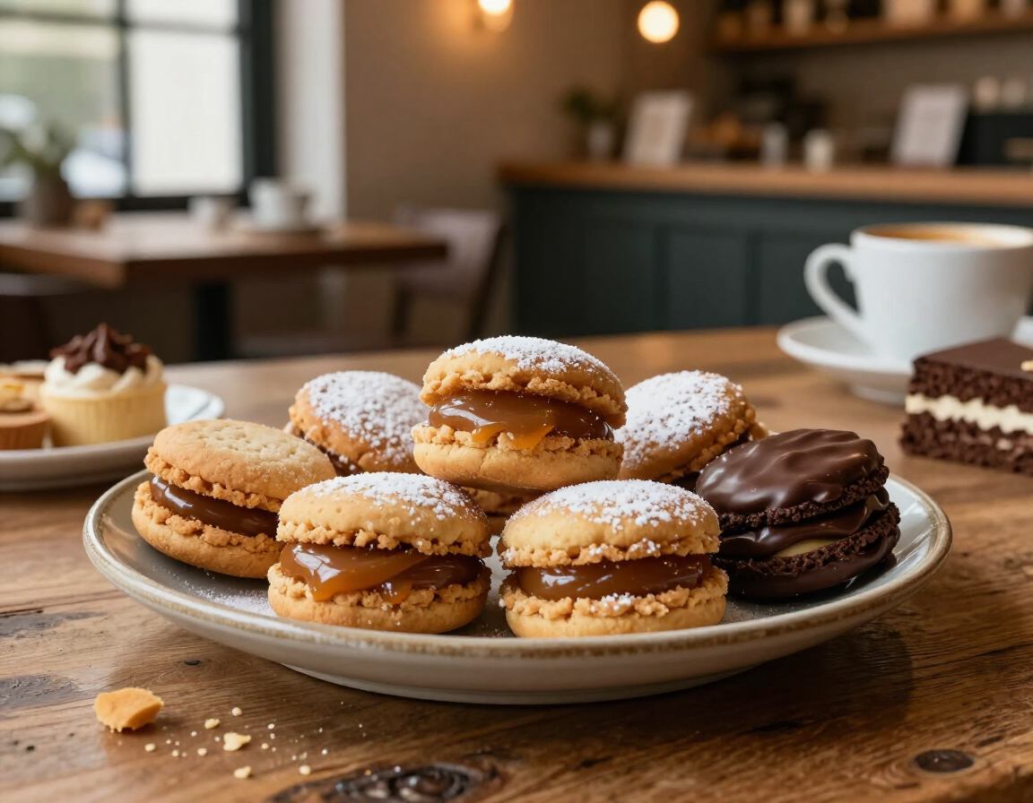 Plate of assorted sandwich cookies dusted with powdered sugar on a rustic table in a cozy café