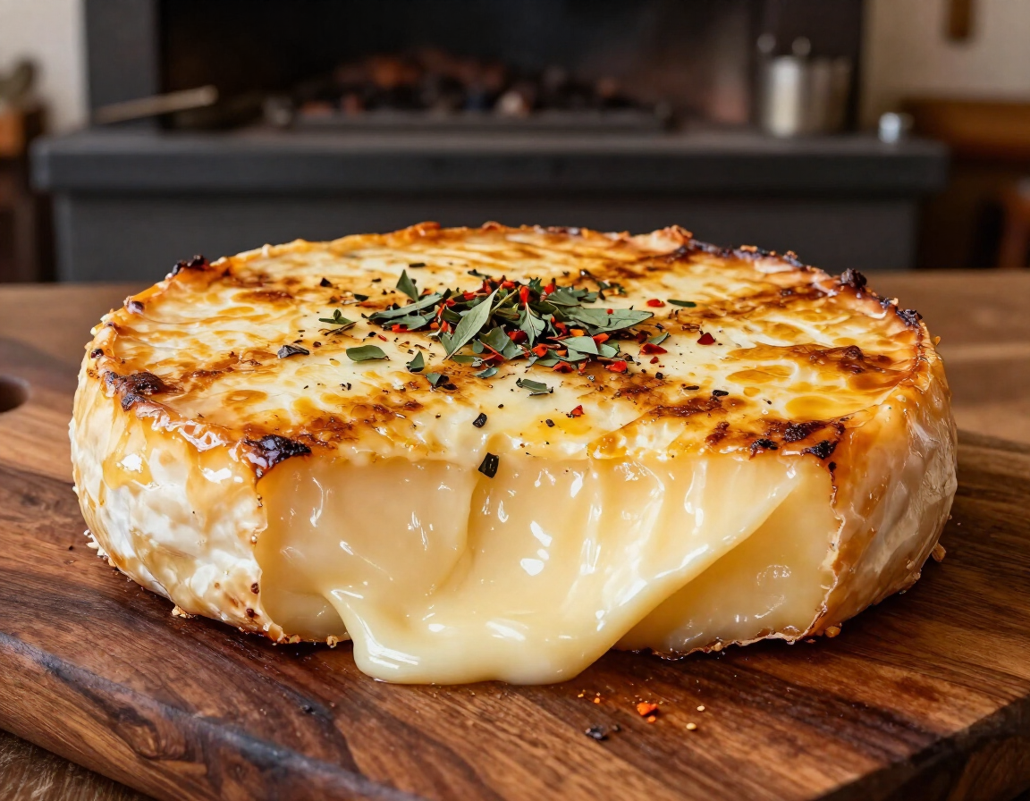 Melted baked cheese wheel on a wooden board, topped with herbs and red pepper flakes