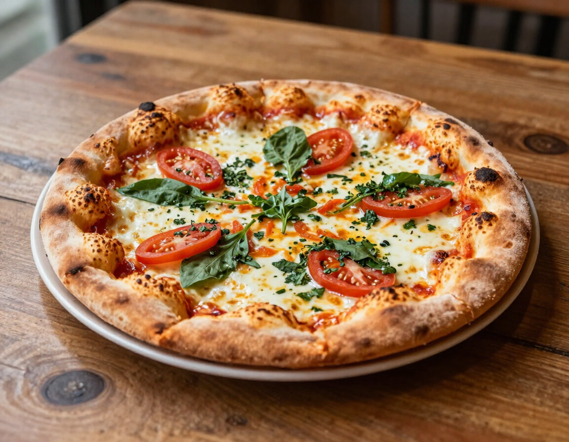 Fresh margherita pizza with tomato slices and herbs on a wooden table