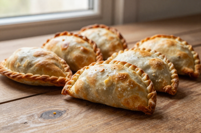 Baked empanadas on a wooden table by a window, golden brown and crimped at the edges