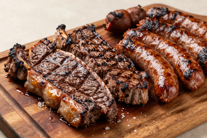 Grilled steak and sausages on a wooden cutting board, with char marks and glistening juices