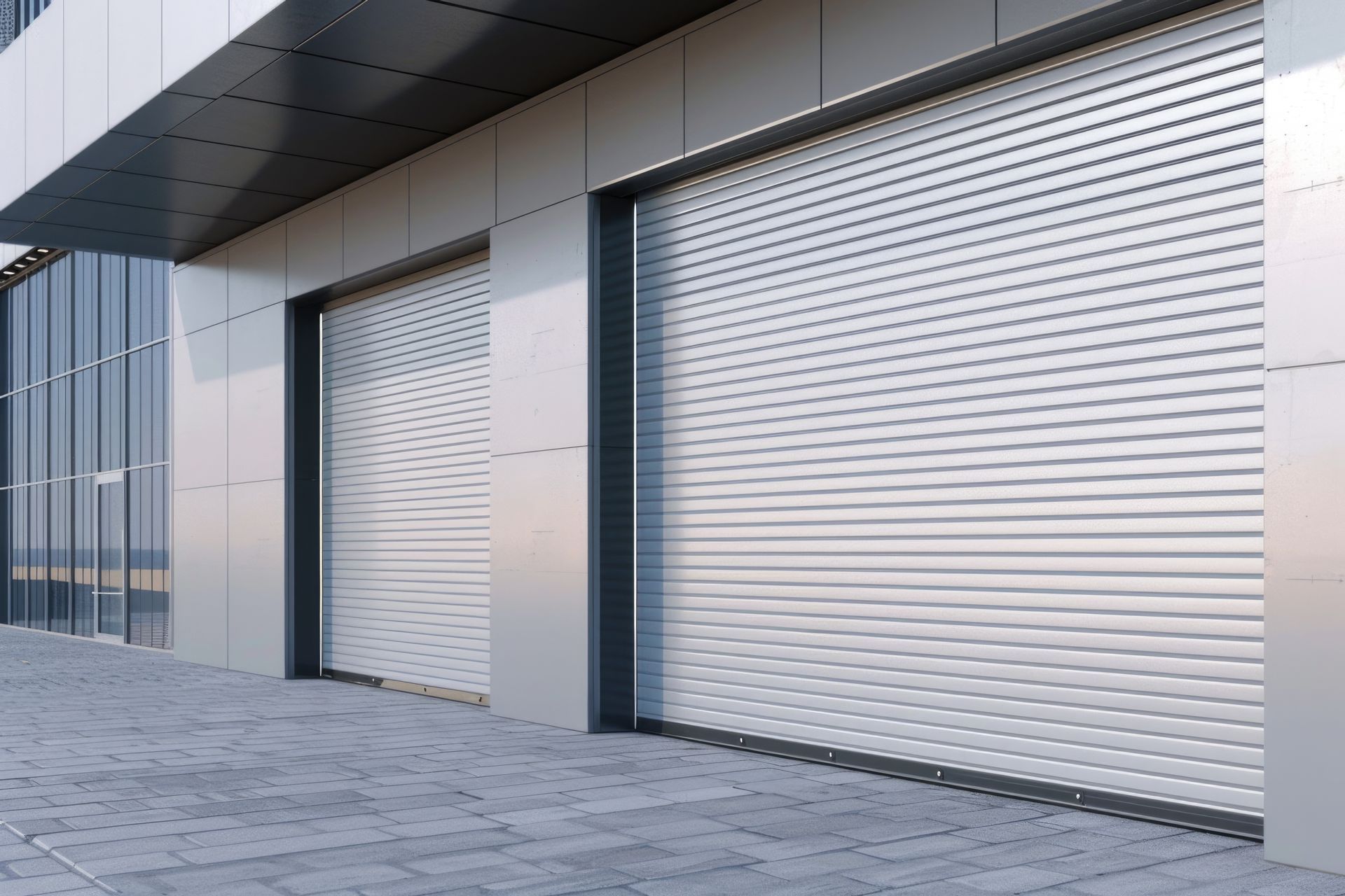 Deux volets roulants argentés sur la façade d'un bâtiment moderne.
