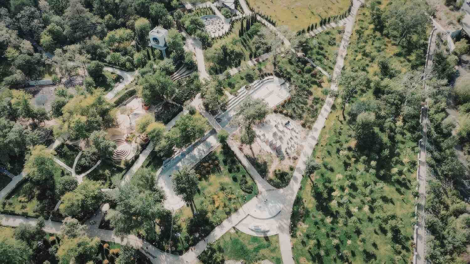 Vista aérea de una carretera sinuosa que atraviesa un denso bosque verde y edificios dispersos.