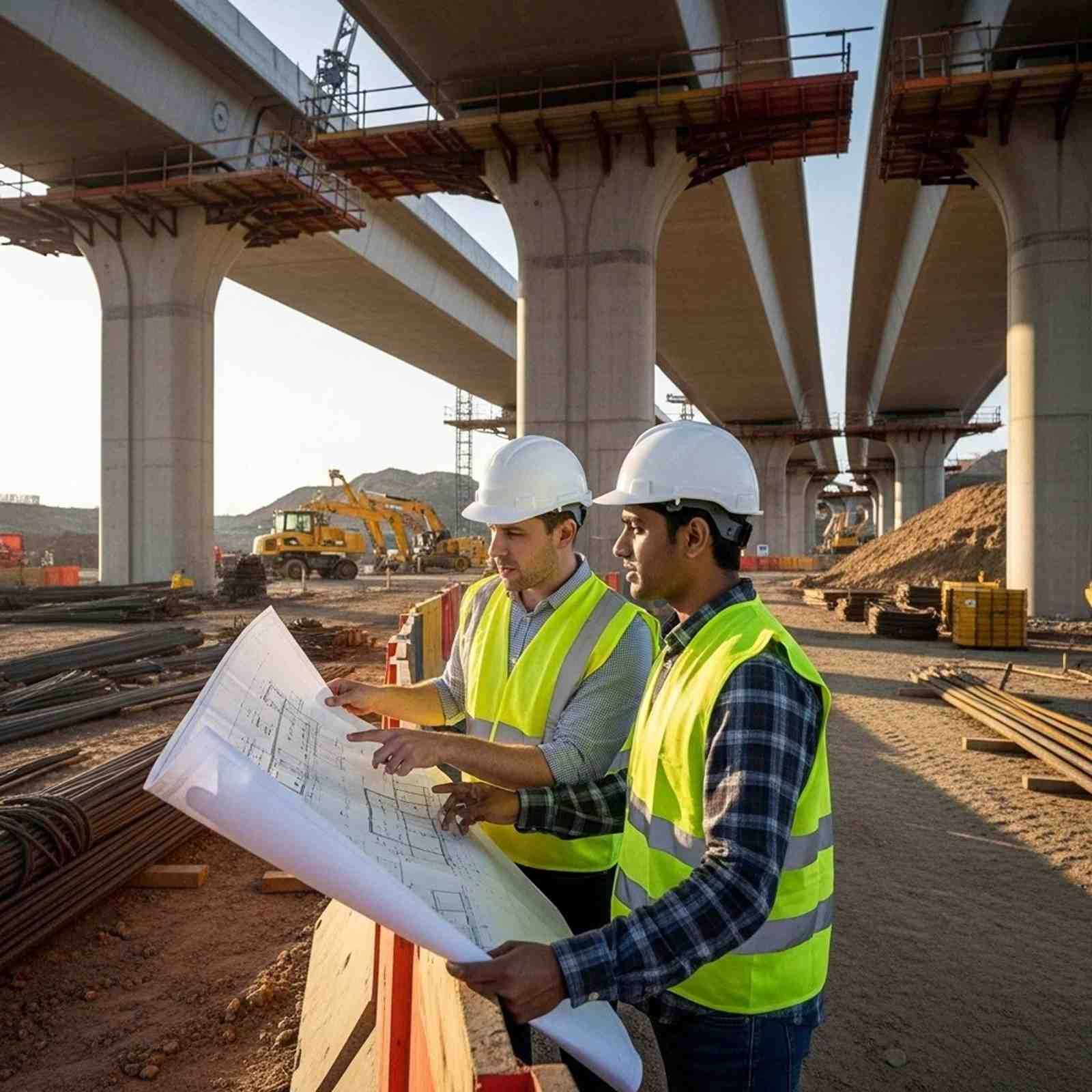 Dos obreros de la construcción, con cascos y chalecos de seguridad, revisan planos en una obra de un paso elevado de autopista.