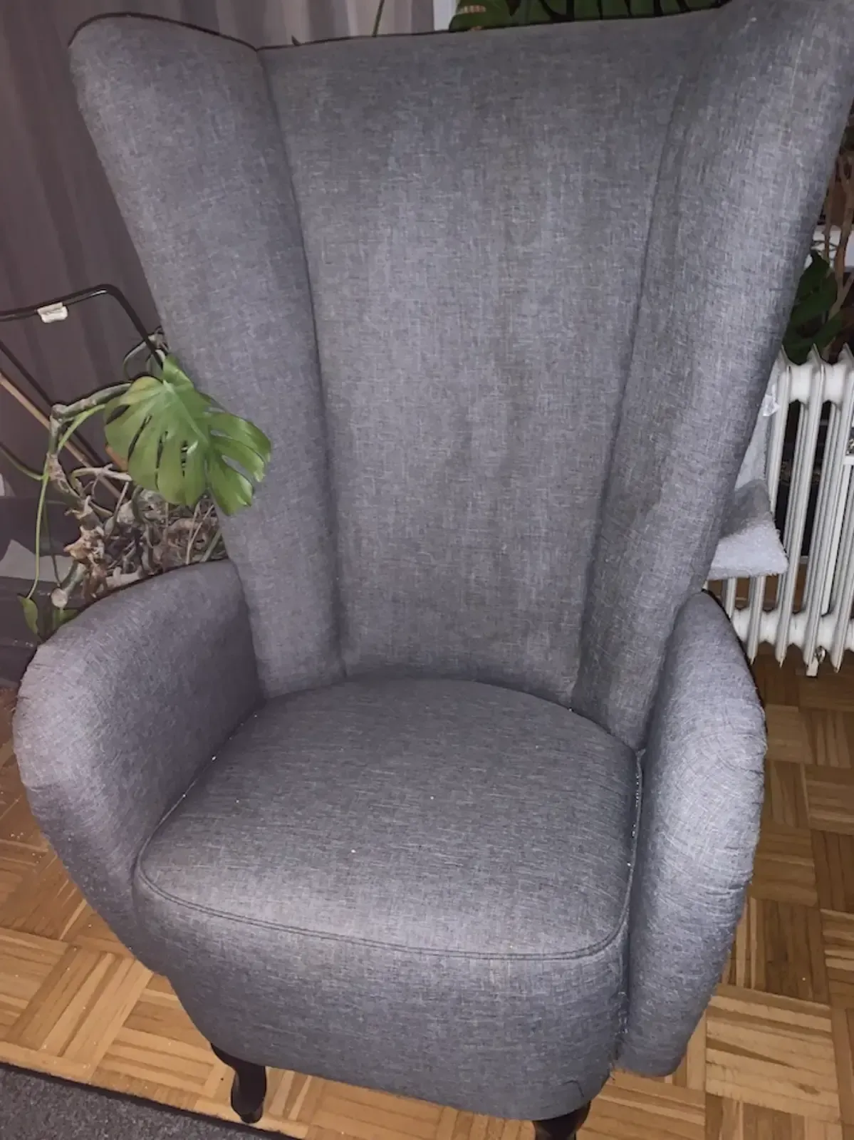 Grauer, gepolsterter Ohrensessel.