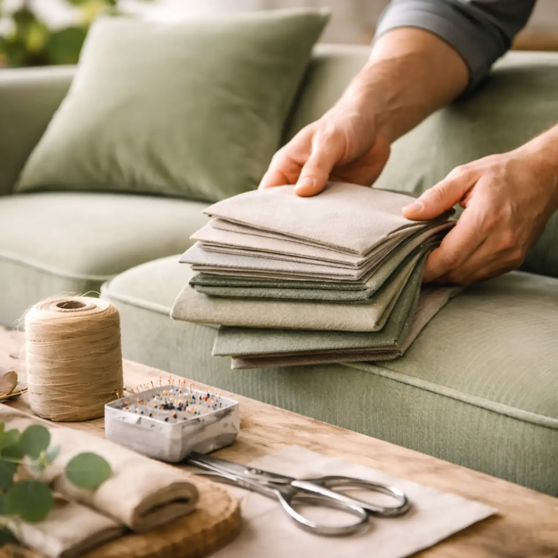 Eine Person hält Stoffmuster in der Nähe eines grünen Sofas, Nähzeug liegt auf einem Tisch.