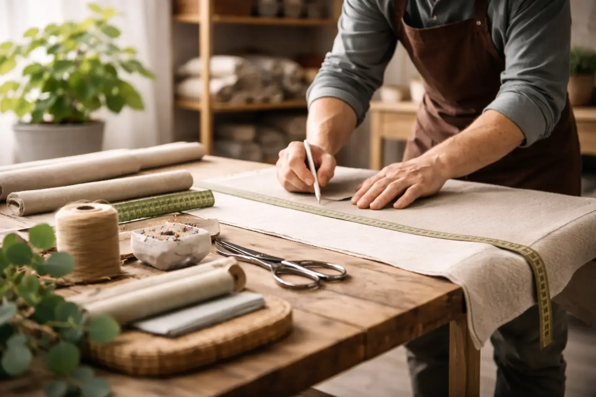 Eine Person in Schürze misst und markiert Stoff auf einem Holztisch mit Nähwerkzeugen.