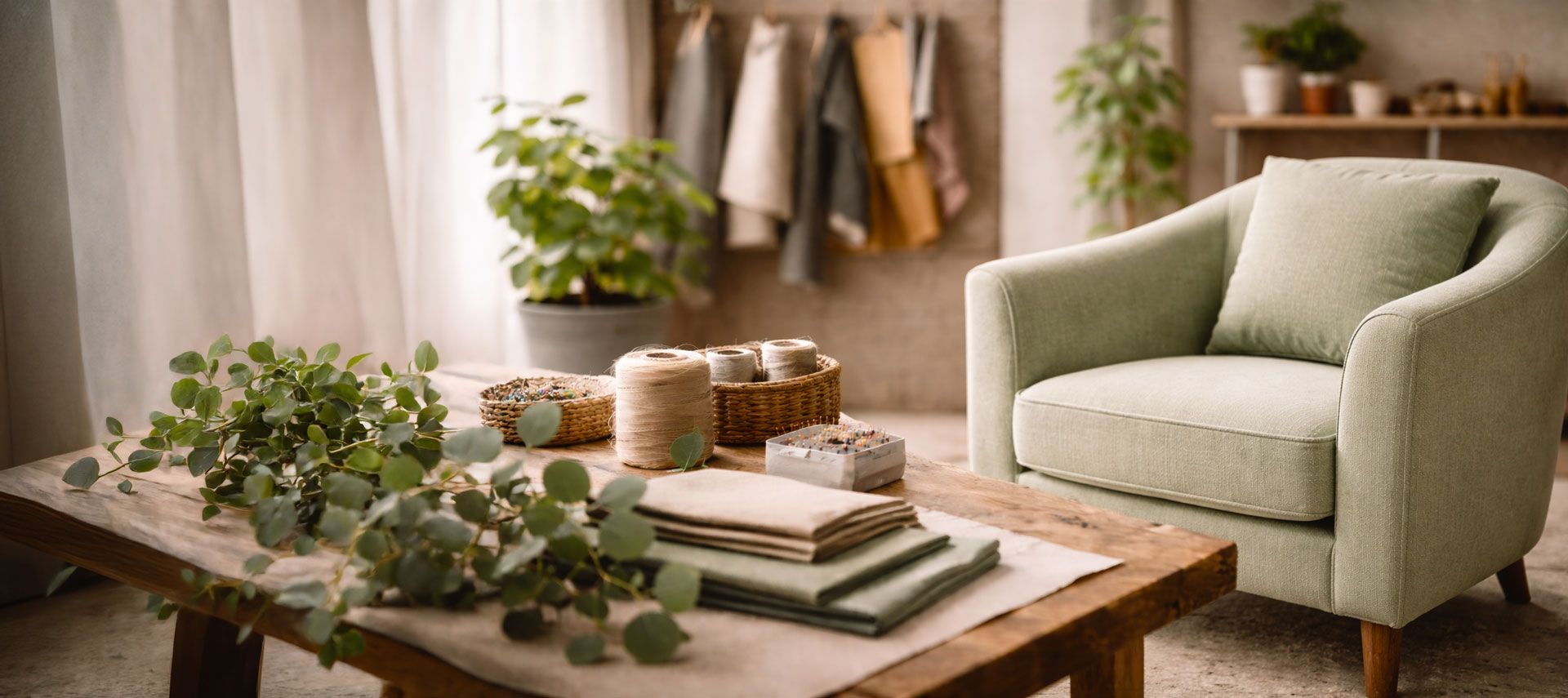 Gemütliches Wohnzimmer mit einem grünen Sessel, einem Holztisch mit Pflanzen und einer neutralen Farbpalette.