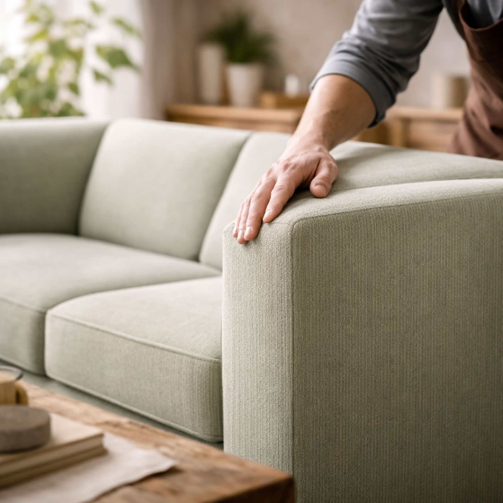 Die Hand einer Person liegt auf der Armlehne eines hellgrünen Modulsofas in einem Wohnzimmer.