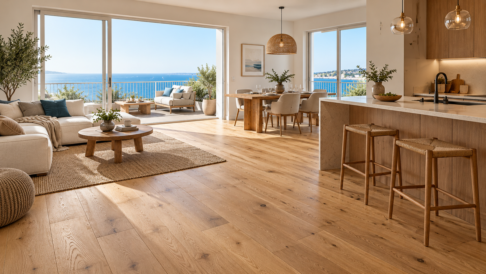 Salon lumineux et ouvert avec vue sur l’océan, parquet en bois, canapé beige et îlot de cuisine avec tabourets de bar