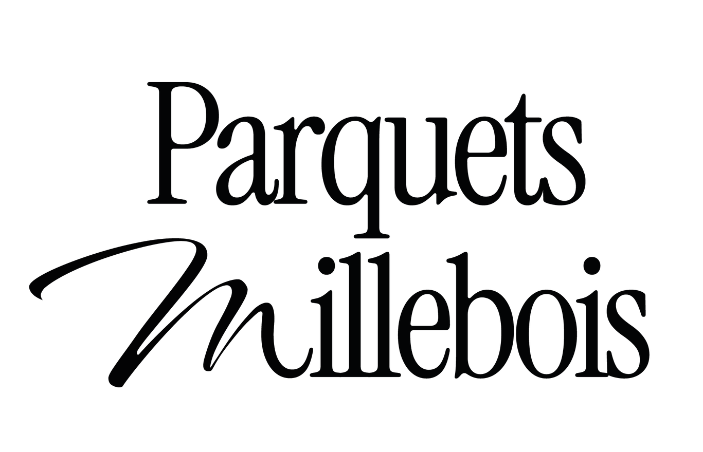 Logo Parquets Millebois en noir, avec une typographie à empattements et une écriture manuscrite, sur fond blanc