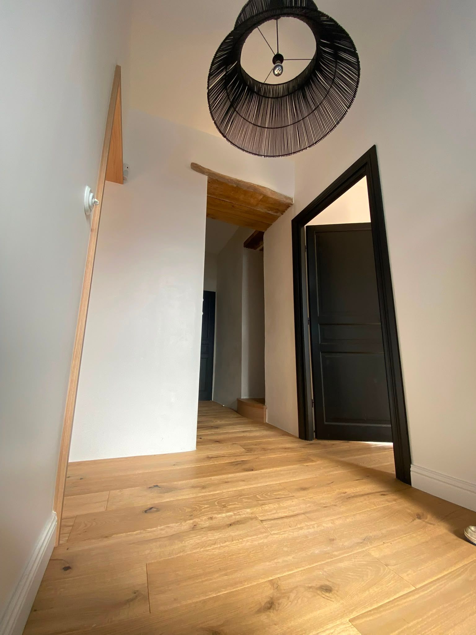 Couloir étroit avec parquet, murs blancs, porte noire et plafonnier décoratif.