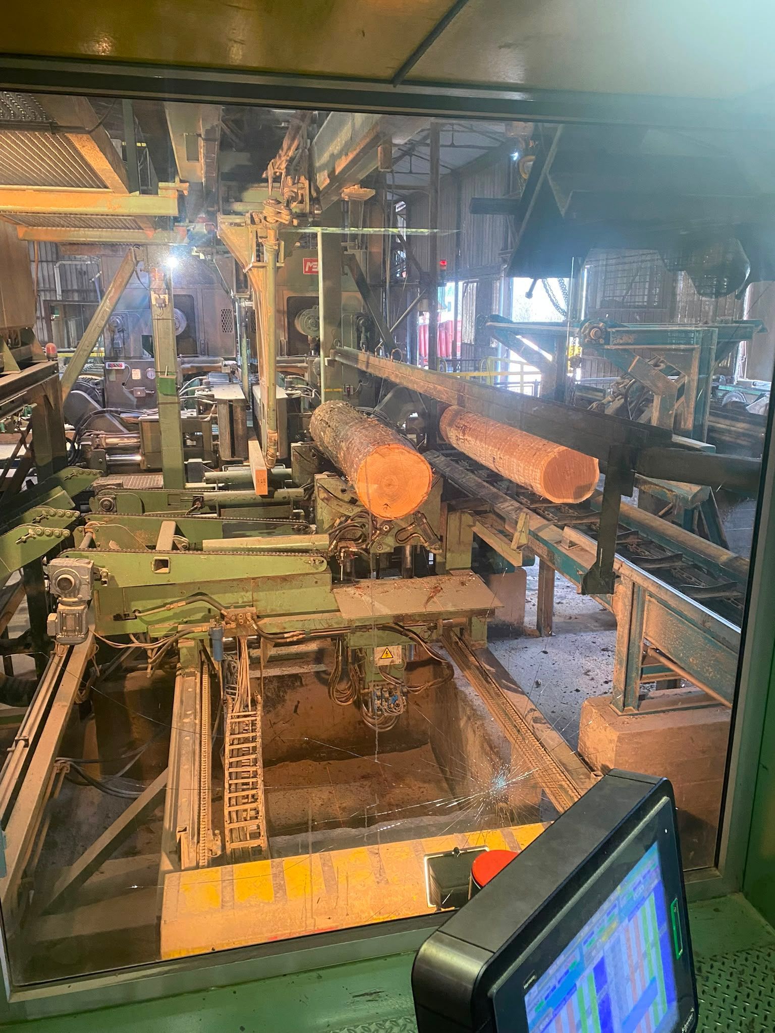 Scierie industrielle avec des grumes sur un convoyeur sous des machines
