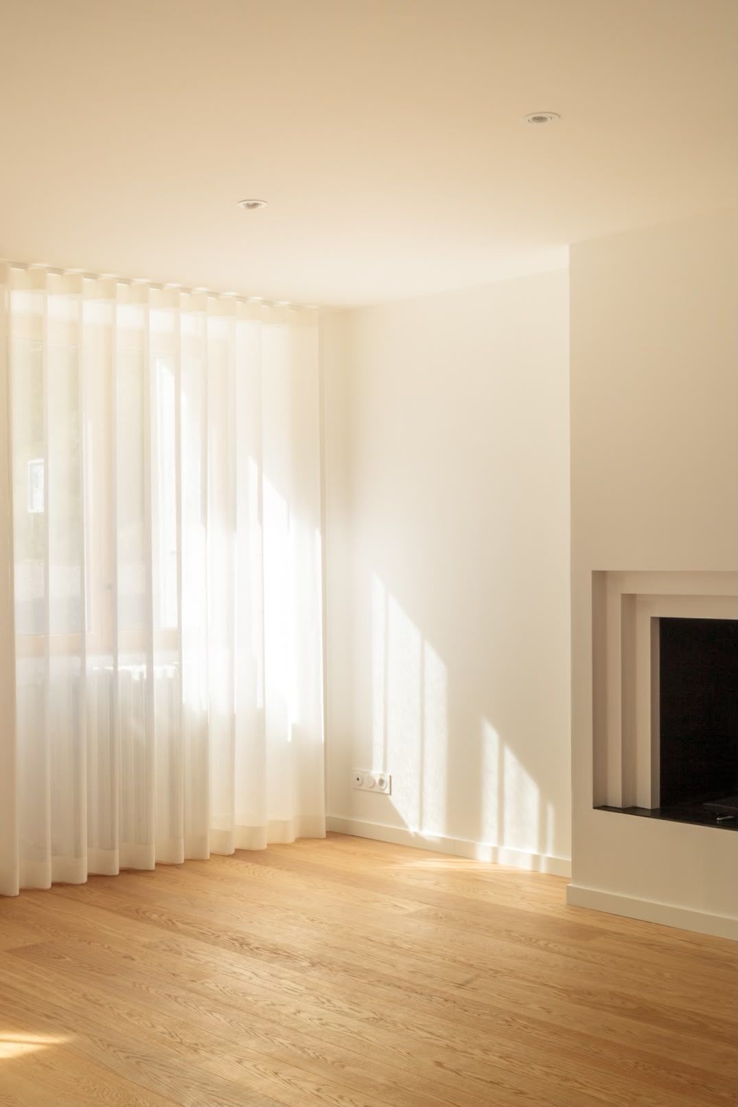 Pièce vide baignée de lumière, avec des rideaux en voile, un parquet et une cheminée moderne