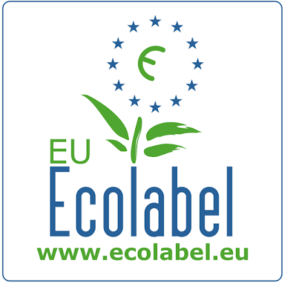 Logo de l’Ecolabel européen avec des feuilles vertes, des étoiles bleues et le site web ecolabel.eu