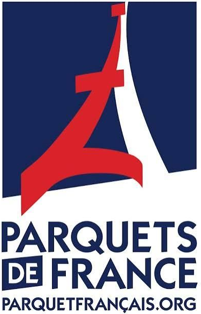 Logo pour Parquets de France avec une tour stylisée rouge et blanche sur fond bleu foncé