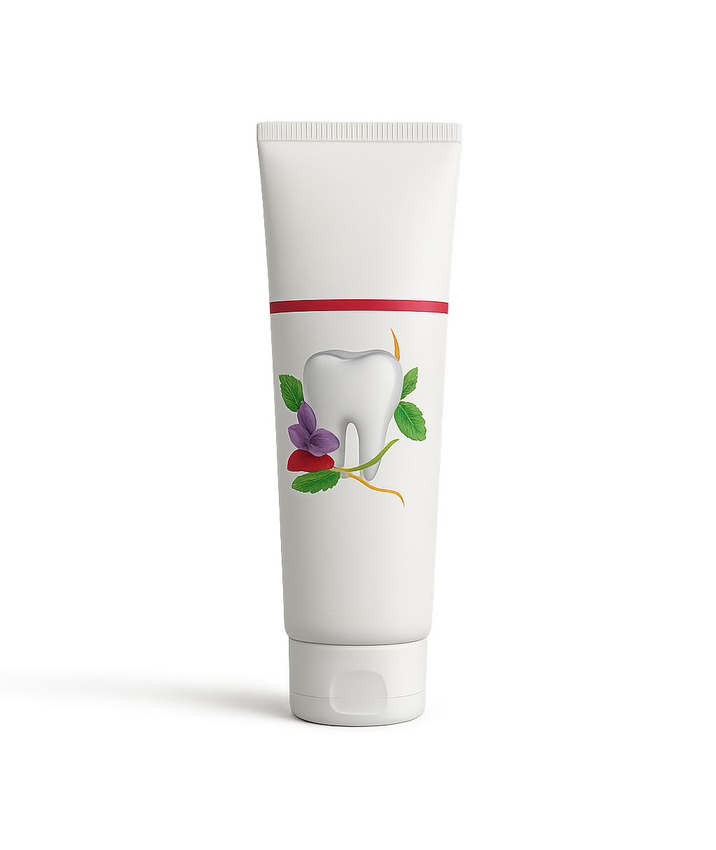 Zahnpastatube mit Zahn- und Blumenmotiv; weiß, rot.
