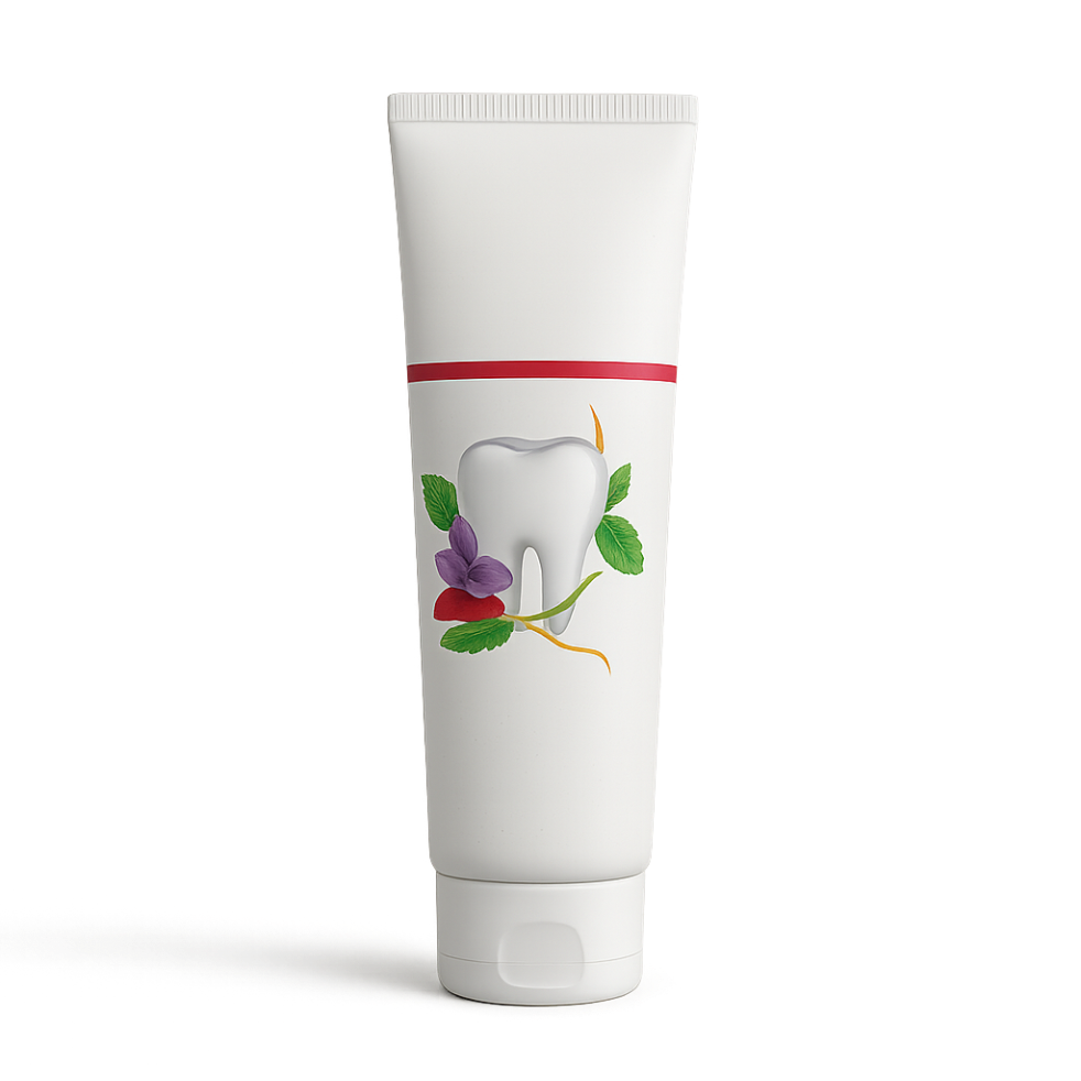 Tube mit weißer Zahnpasta und einer Abbildung von Zahn, Blume und Blättern.