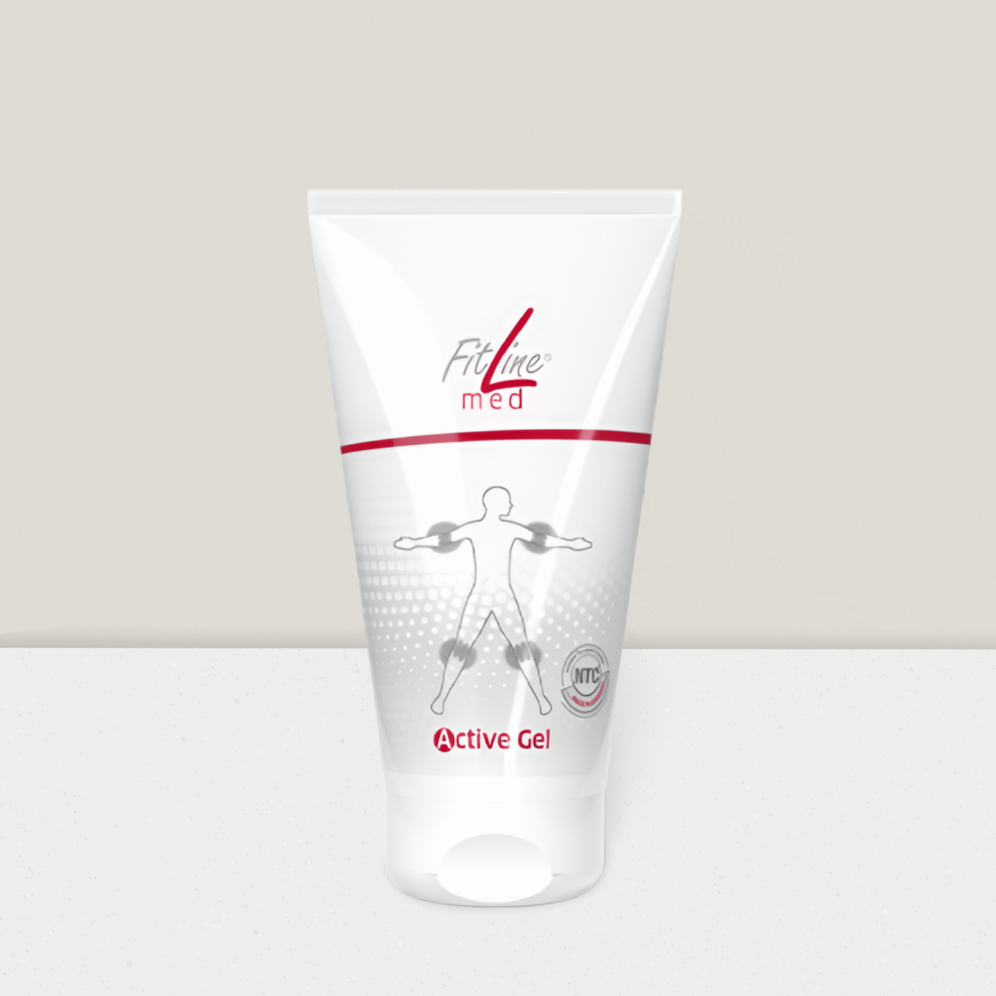 Weiße Tube mit Gel und einer Abbildung einer Person, die die Schmerzpunkte zeigt; das Gel wird abgegeben.