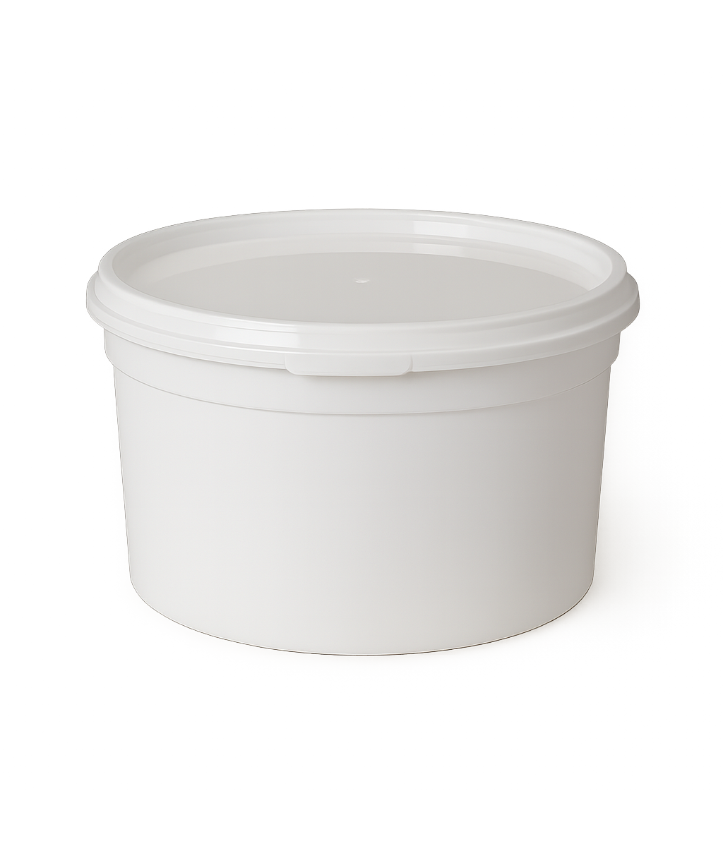 Weißer Plastikeimer mit Deckel.