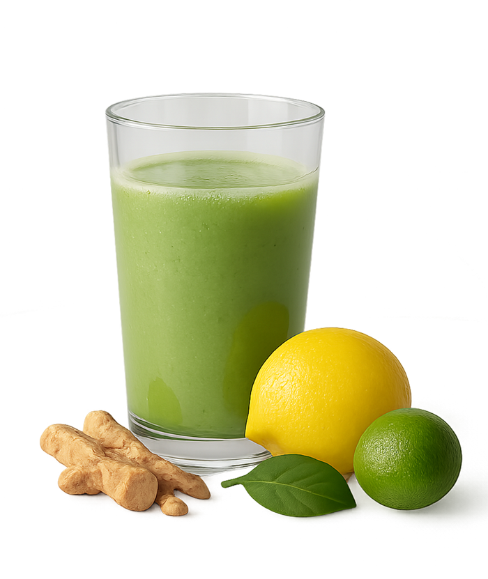 Grüner Smoothie im Glas mit Zitrone, Limette, Ingwer und Basilikum.