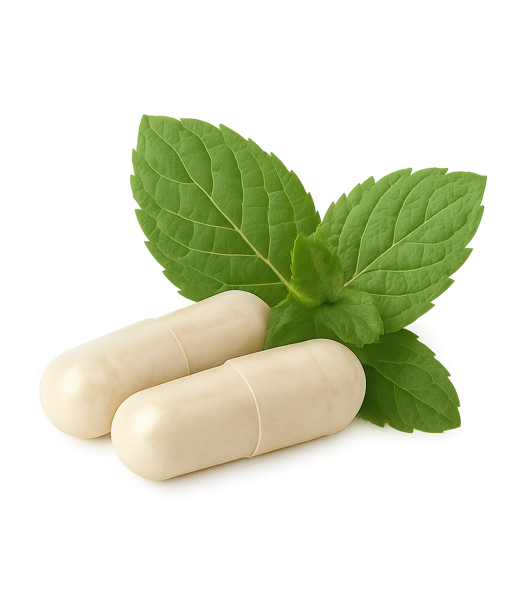 Zwei beige Kapseln mit einem Minzblatt.