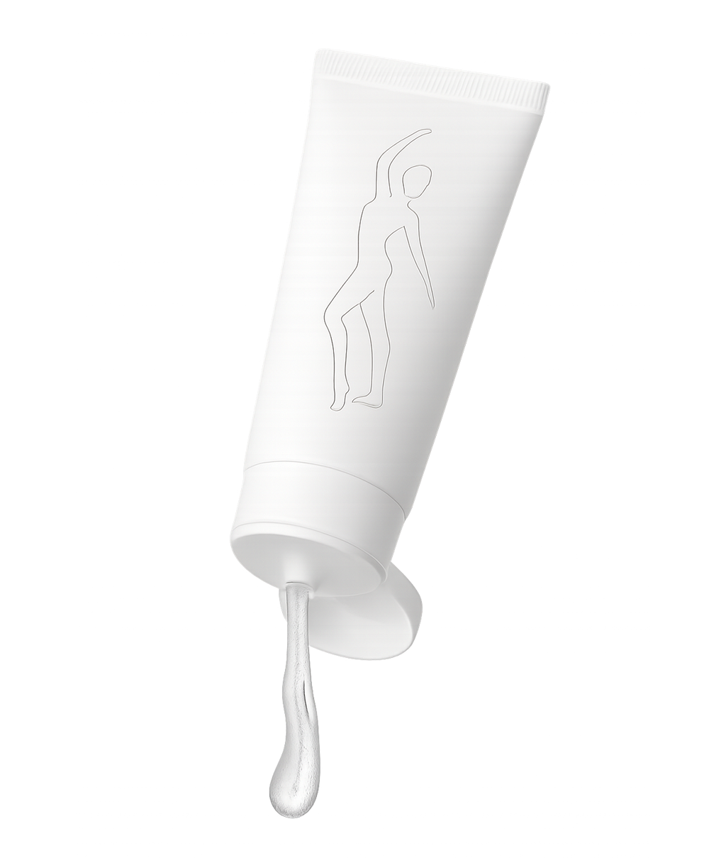 Weiße Tube mit auslaufendem, klarem Gel; Silhouette einer Figur auf der Vorderseite.