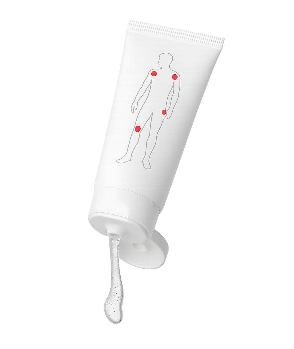 Weiße Tube mit Gel und einer Abbildung einer Person, die die Schmerzpunkte zeigt; das Gel wird abgegeben.