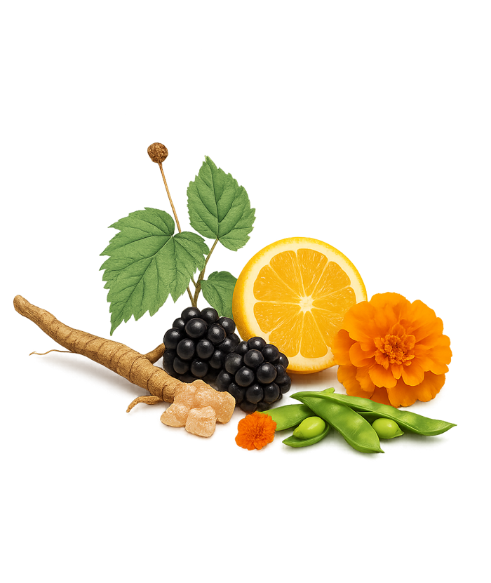 Auswahl an natürlichen Zutaten: Brombeeren, Orangenscheiben, Ringelblumen, Edamame, Wurzelgemüse und Zweige.