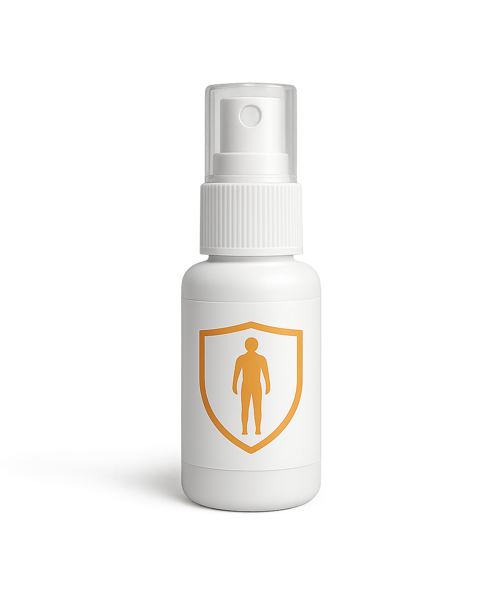 Weiße Sprühflasche mit orangefarbenem Schildlogo, das eine menschliche Figur zeigt.