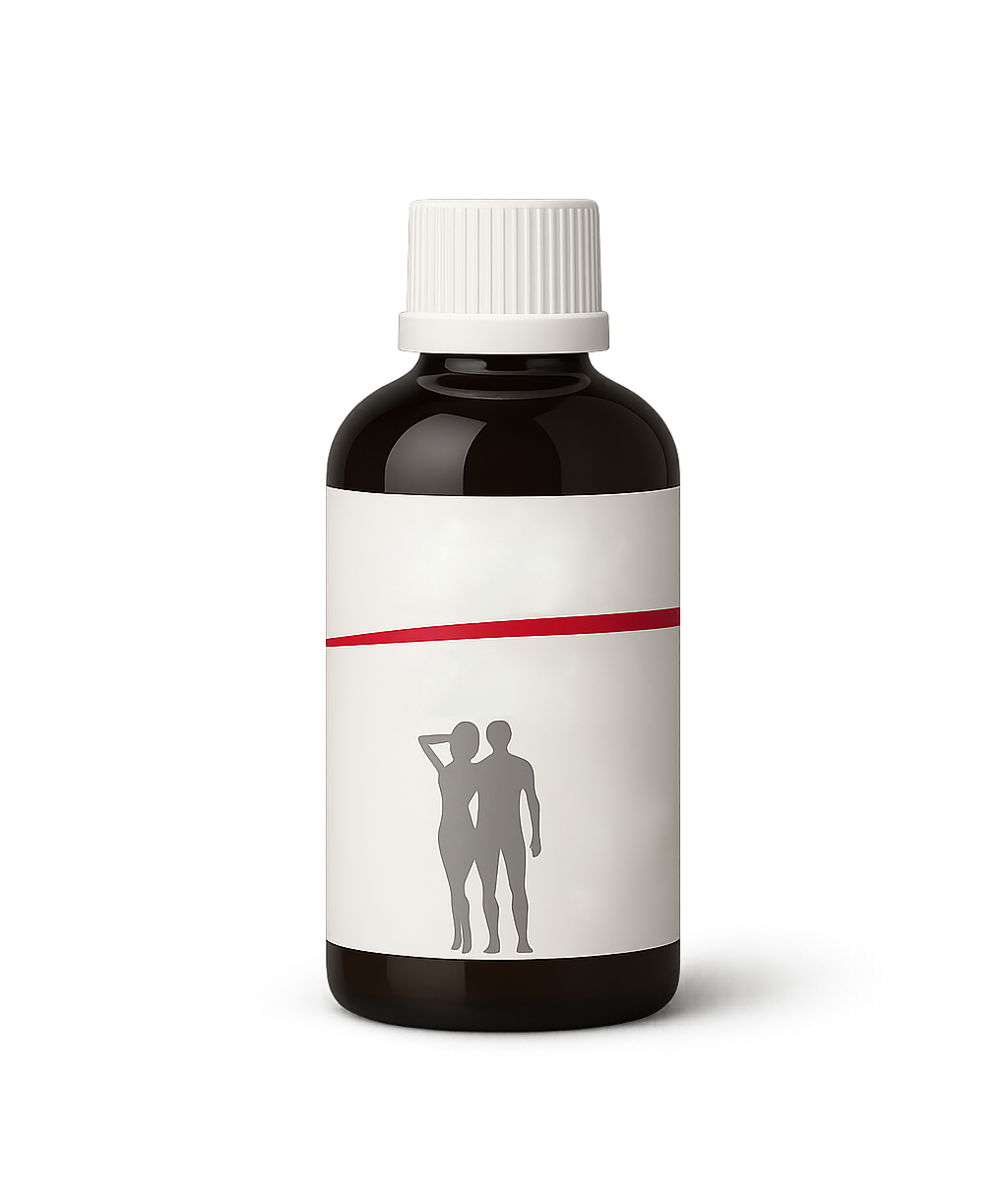 Braune Flasche mit weißem Etikett, rotem Streifen und der Silhouette zweier Personen.