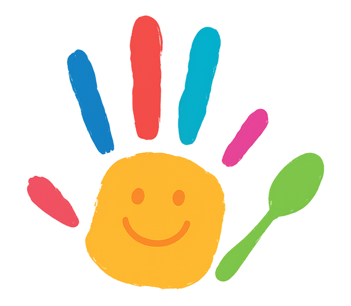 Bunter Handabdruck mit lächelndem Gesicht und einem grünen Löffel.