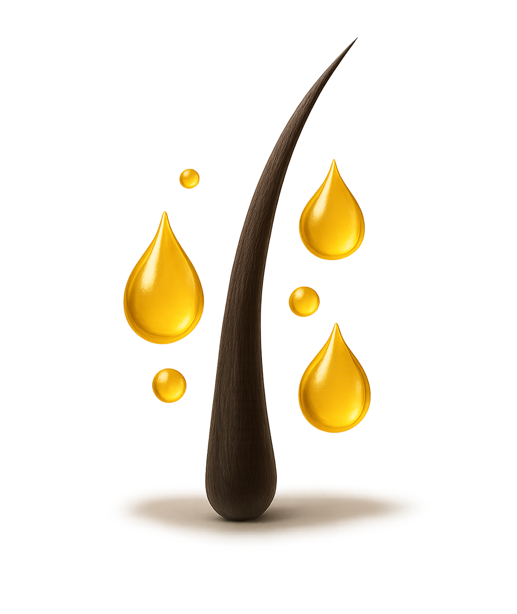 Haarsträhne mit goldenen Öltropfen.