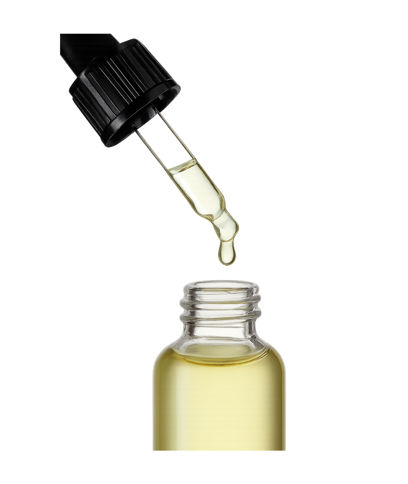 Pipette mit Flüssigkeit, die einen Tropfen in ein kleines, mit gelber Flüssigkeit gefülltes Glasfläschchen abgibt.