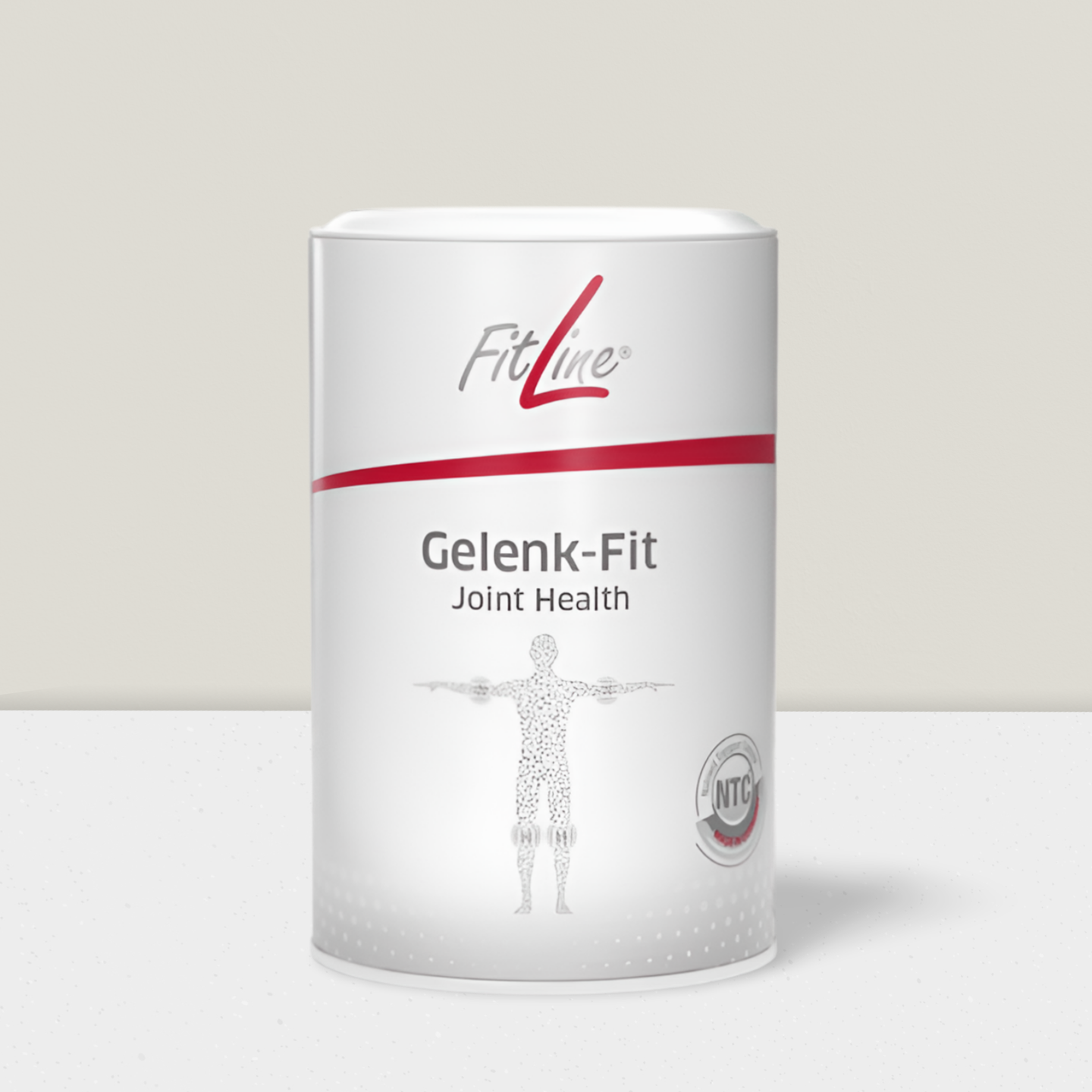 Weißes Proteinpulverglas mit schwarzem Deckel neben dem Messlöffel für das Pulver.