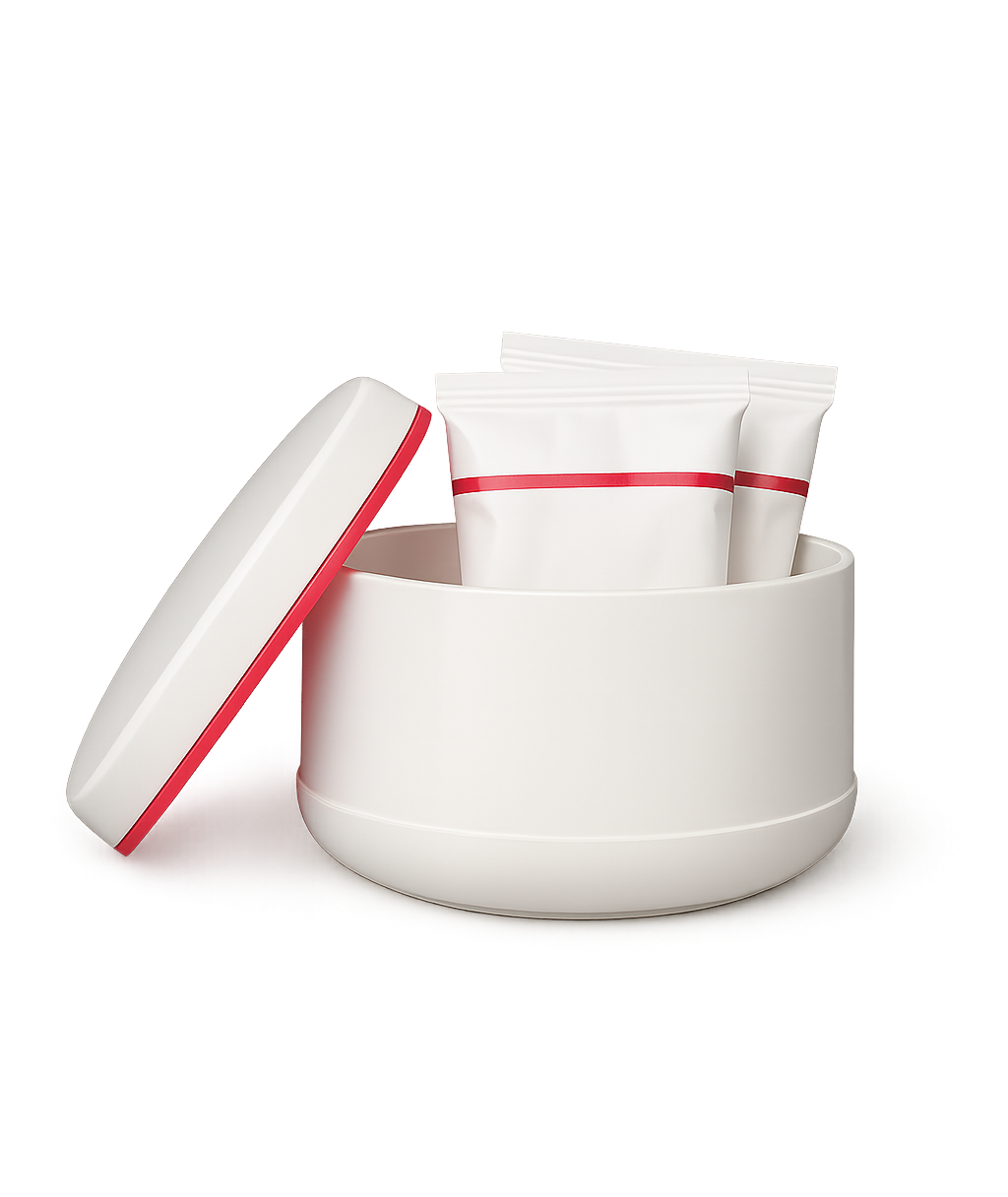 Weißer runder Behälter mit drei Päckchen; Deckel geöffnet. Rote Akzentlinie.